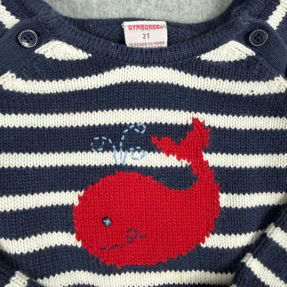 Gymboree Whale Knit Sweater 2T Navy White Striped Coastal Nautical Preppy
